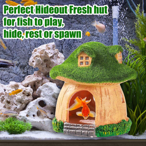 Aquarium Decoration for Fish Tank, Premium Resin Green Moss and Mushroom Fish Tank House Fish Hideout for Swimming Playing for Shrimp Goldfish Aqu...