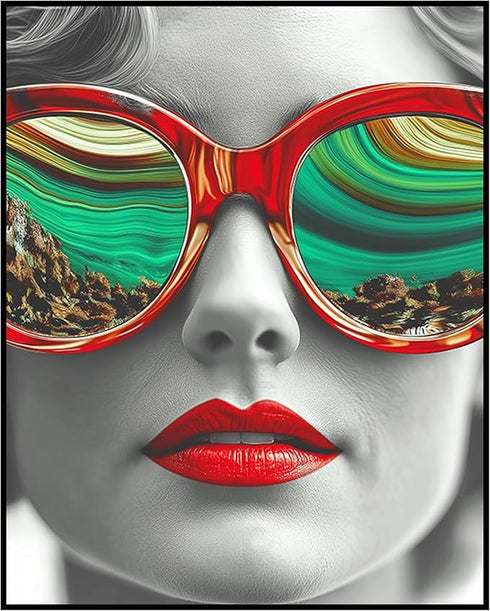 Posterizer 1 pcs-glam woman with red lipstick and oversized sunglasses-retro print -3-Retro Art-Photography Art- Gift for Women, Fashionistas, Des...
