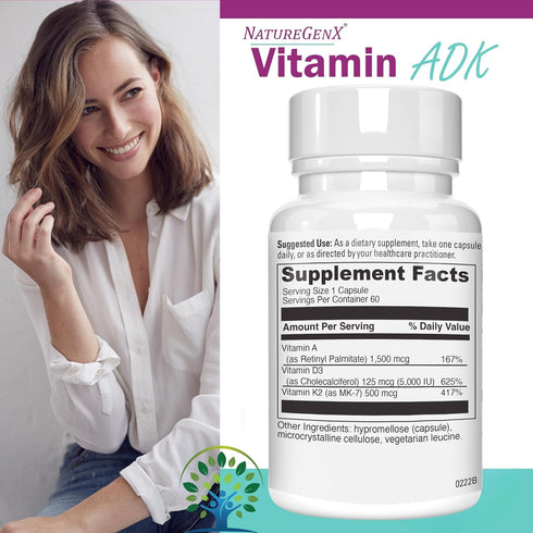 ADK Vitamin Supplement 5000 IU - High Potency Vitamins A, D3, and K2 for Bone Health and Calcium Absorption | Gluten-Free Vitamin ADK Supplement, ...