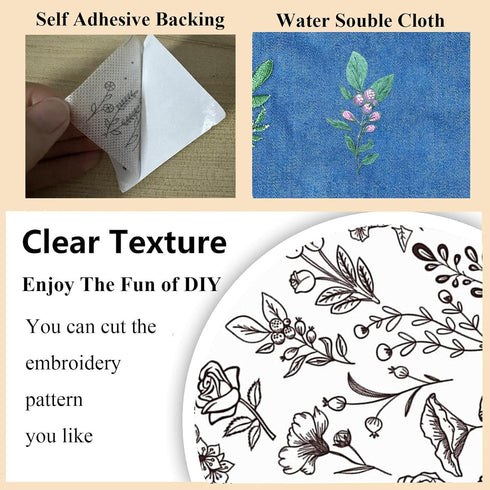 Tekalobr 50Pcs Water Soluble Sewing Stabilizers Embroidery Patterns Stick and Stitch Embroidery Paper Wash Away Stabilizers for Embroidery with Fl...