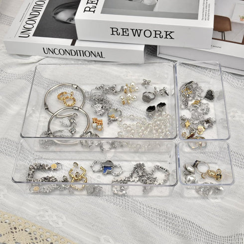 Drawer Organizers Set of 19, 4 Sizes Clear Plastic Drawer Organizers and Storage Bins for Kitchen, Bathroom, Office, Dresser Desk Drawer Organizer...