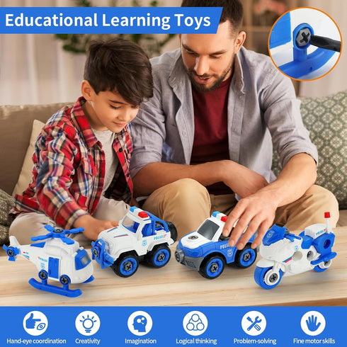 4PCS Take Apart Toys for 3-8 Year Old Boys Construction Toys DIY Assembly Police Car Toy Airplane Toy Motorbike Toy Boys Girls Kids Learning Educa...