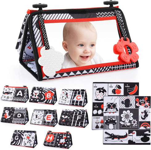 Baby Mirror Tummy Time Toys: 3 in 1 Black White High Contrast Baby Mirror with Book & Mat Montessori Toy for 0 3 6 9 12 Months Newborn Gifts for B...