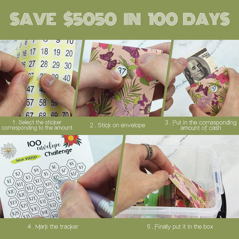 100 Envelopes Money Saving Challenge, 100 Envelope Challenge Box Easy and Fun Way for 100 Day Envelope Challenge Kit Cash Stuffing Envelopes for B...