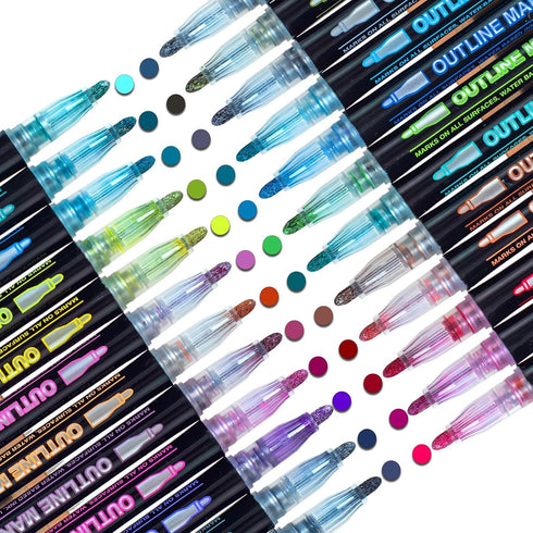 Shimmer Markers Outline Double Line: 24 Colors Glitter Metallic Pen Set Super Squiggles Sparkle Cool Fun Self Sparkly Kid Age 4 8 10 12 Girl Gift ...