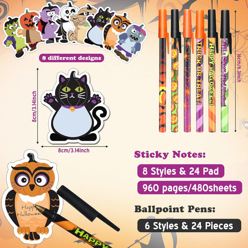 Sheets Halloween Sticky Note Ballpoint Pens 24 Pads Pumpkin Ghost Cat Weird Spooky Fun Notepad Halloween Office Supplies Kids Gift Halloween Party...