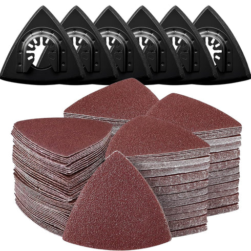 136Pcs Oscillating Tool Sanding Pad Kit, Contains 6Pcs Triangle Sanding Pads and 130Pcs Multitool Sandpaper, 60 80 100 120 240 Grits Oscillating M...