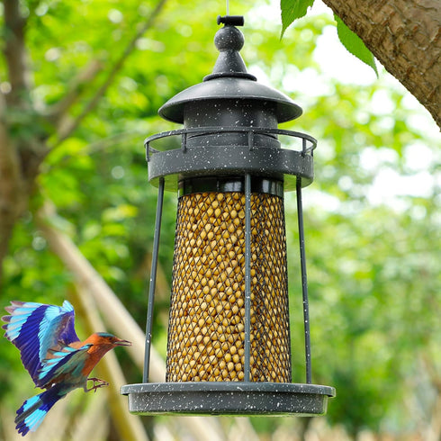 Twinkle Star Wild Bird Feeder Hanging for Garden Yard Outside Decoration, Panorama Gazebo Birdfeeder, Lighthouse Shaped, Grey...