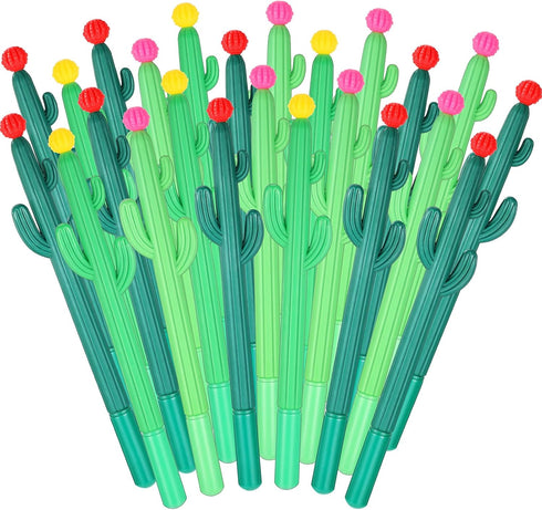 Outus 24 Pieces Cactus Pens Cactus Shaped Roller Pens Kids Green Cactus Pens Saguaro Shaped Pen Black Gel Ink with Flower for Classroom Office Sch...