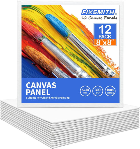 FIXSMITH Canvas Boards for Painting 8x8 Inch, Super Value 12 Pack White Blank Canvas Panels, 100% Cotton Primed, Painting Art Supplies for Profess...