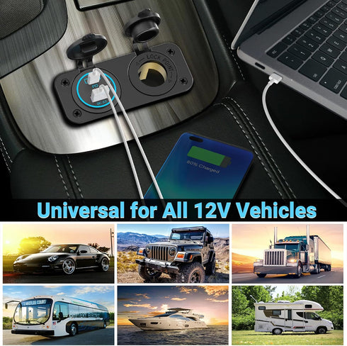 Cigarette Lighter Socket Outlet Qidoe 12V USB Outlet Car Charger Socket Panel 65W PD for Laptop & 18W QC3.0 Waterproof USB Power Outlet Adapter fo...