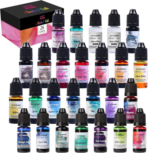 Alcohol Ink for Epoxy Resin LET'S RESIN Concentrated Alcohol Ink Set, 26 Vibrant Colors Alcohol-Based Resin Ink,Alcohol Paint Resin Dye for Resin ...
