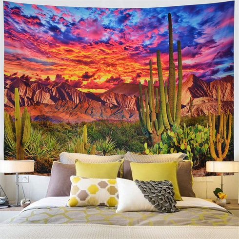 Generleo Mountain Desert Cactus Tapestry Sunset Clouds Tapestries Psychedelic Tropical Plants Wall Tapestries Nature Scenery Tapestry Wall Hanging...
