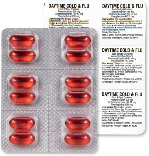 Amazon Basic Care Daytime Cold and Flu Relief Softgels, Non-Drowsy Cold Medicine, Relief of Pain, Fever, Cough, Sore Throat, Nasal Congestion, 24 ...