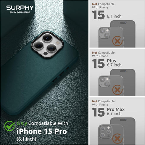 SURPHY Designed for iPhone 15 Pro Leather Case with Screen Protector Compatible with MagSafe, Faux Leather Case (Metallic Buttons & Microfiber Lin...