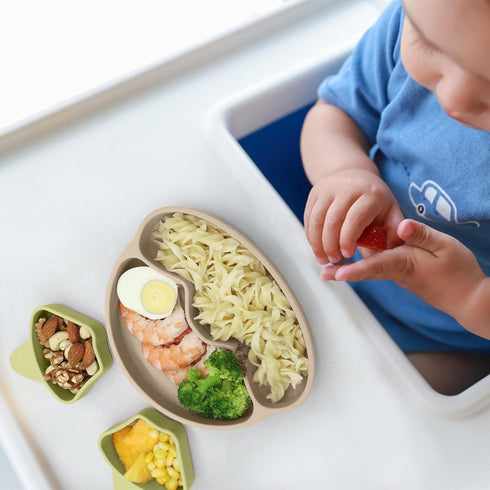 Silicone Divided Plate with Spoon & Fork for Babies/Toddlers, Plate with 2 Removable Trays, Utensils with Travel Case, BPA-Free, Non-Toxic, Strong...