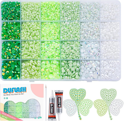 14400PCS Green Flatback Pearls Rhinestones,B7000 Jewelry Glue with Flat Back Pearl and Resin Rhinestones for Crafts,Tumblers,Shoes,Nails,Face Art,...