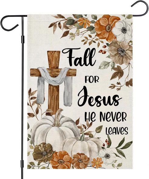 Fall Cross Garden Flags for Outside Decorations, Religious Cross Fall for Jesus with Pumpkins Maple Leaves Small Yard Flag, Harvest Autumn Thanksg...