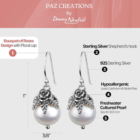 Paz Creations Sterling Silver Dangle Pearl Earrings with Floral Caps - Real Freshwater Ball-Shaped White Pearls - Elegant Drop Earrings Set - Clas...