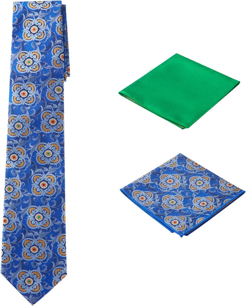 Men's Woven Medallion Regular Length Neck Tie with 2 Handkerchief Pocket Squares Hanky Set - Blue Navy Green...