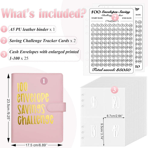 100 Envelopes Money Saving Challenge Binder, Easy and Fun Way to Save $5,050, A5 Budget Book with Cash Envelopes Kit,Pink,Gold...
