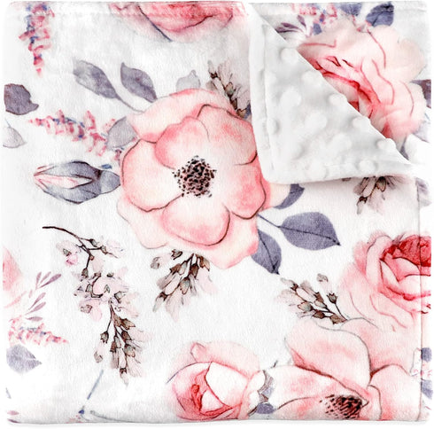 Baby Blanket for Girls, Super Soft Double Layer Minky Blankets with Dotted Backing, Floral Newborn Nursery Bed Blanket, Pink Flower, 30 X 40 Inche...