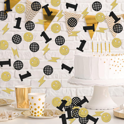 120pcs One Happy Dude Confetti Smile Face Checkered Lightning Table Decorations Boys 1st Birthday Party Baby Shower Hippie Party Supplies for DIY ...