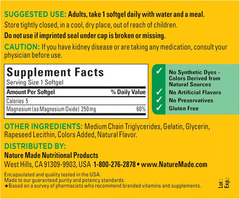 Nature Made Magnesium 250 mg, Magnesium Supplement for Muscle, Heart, Bone and Nerve Support, 90 Softgels, 90 Day Supply...