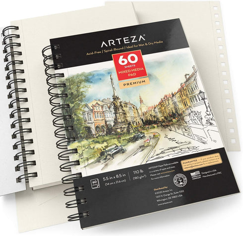 ARTEZA Mixed Media Sketchbook, 5.5 x 8.5 Inches, Pack of 1, 60 Sheets, Micro-Perforated Spiral-Bound Paper Pad for Wet and Dry Media...