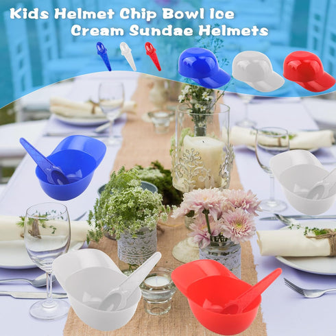 12 Pack Baseball Helmet Ice Cream Bowl 8 oz Plastic Baseball Cap Chip Bowl with 12 Pack Disposable Dessert Taster Spoons for Kids Birthday Ice Cre...