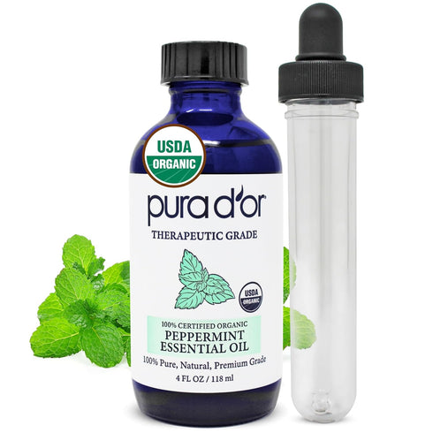 PURA D'OR ORGANIC Peppermint Essential Oil (4oz with Glass Dropper) 100% Pure & Natural Therapeutic Grade - Hair, Body, Skin, Aromatherapy Diffuse...