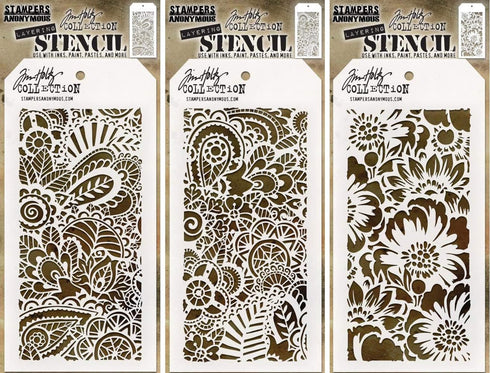 Tim Holtz Stencils Set - Doodle Art 1, Doodle Art 2 and Bouquet - 3 Item Bundle...