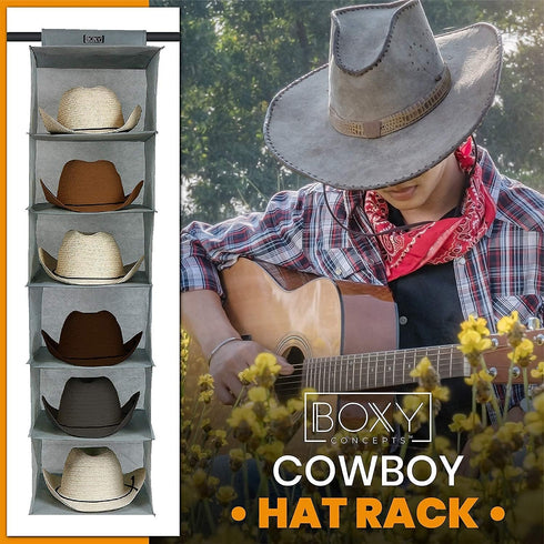 Boxy Concepts 6-Shelf Cowboy Hat Organizer Rack - 13in Wide X-Large Grey - Hat Rack for Wall Mount Hook & Loop - Soft Fabric Preserve Shape - Base...