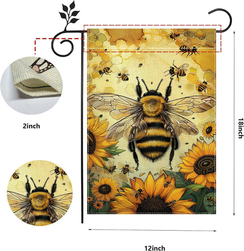 Summer Garden Flags, Bee Sunflower Garden Flag, 12x18 Inch Vertical Double Sided Burlap, Welcome Holiday Yard Lawn Flag, Outdoor Patio House Decor...
