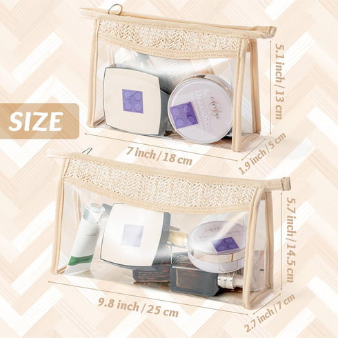 Boho Clear Cosmetic Bag - 2Pcs Boho Waterproof Toiletry Bag Travel Makeup Bag Beige Transparent PVC Zipper Makeup Pouch Compliant Bag for Women Me...