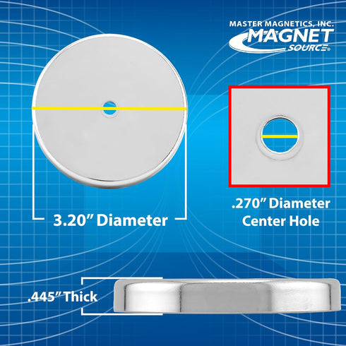 Master Magnetics Ceramic Round Base Magnet Fastener - 3.20'' Diameter, 0.445'' Thick., 0.270'' Center Hole, 95 lb Pull, Nickel-Plated, Pack of 2, ...