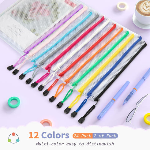 Umriox 24 Pack 12 Colors Small Zipper Pouch, Mesh Bags with Zipper, Zipper Bags for Puzzles Board Games and Office Supplies Travel Accessories...