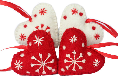 Hearts Christmas Ornaments Set of 4-Snowflake 100% Pure New Zealand Wool Handmade Eco-Friendly Valentine's Day Decor Shower Nursery Decoration Fai...