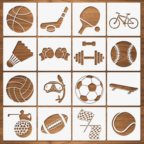 Sports Stencils, 16 Pcs Sports Ball Stencils, Football Basketball Golf Soccer Baseball Racing Diving Reusable Plastic Template for Painting on Woo...