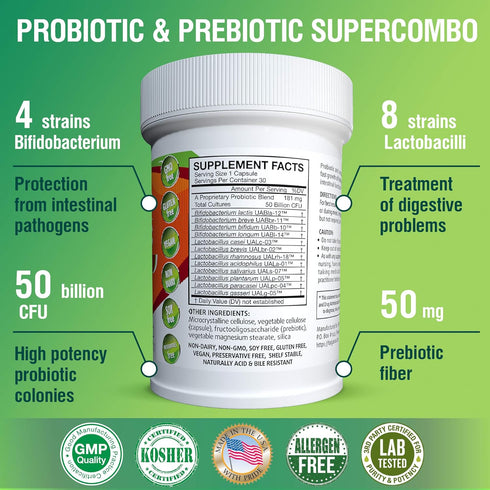 50 Billion CFU Prebiotic and Probiotic Supplement for Women and Men, 12 Strains for Daily Immune Support and Digestive Health, 30 Veggie Capsules,...