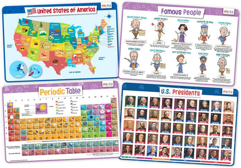 merka Placemats for Kids, 4 Pack Educational Placemat Mat for Dining Table, Non Slip, Washable Reusable, Learning US Presidents, Famous People, Pe...