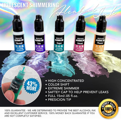 Pixiss Iridescent Color Changing Alcohol Ink Set - 5 Shades of Alcohol Ink for Epoxy Resin Supplies, Yupo Paper, Tumblers, Coasters - Resin Colora...