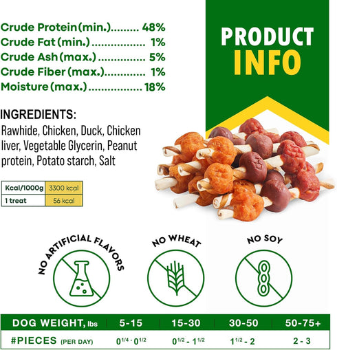 Kabobs Dog Rawhide Treats with Duck & Chicken Human Grade Meat - All Natural Dried Snacks - Grain Free Long Lasting Chews for Large & Small Dogs -...