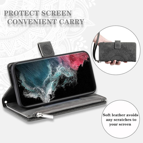 Asuwish Phone Case for Samsung Galaxy S22 Ultra 5G Wallet Cover with Tempered Glass Screen Protector Wrist Strap Mandala Flower Flip Zipper Card H...