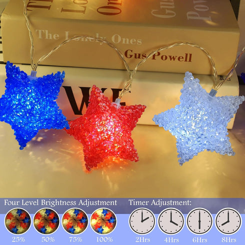 Red White Blue Star Lights 6.8Ft 4th of July Decorations Light 10 LED Star String Lights Battery Operated with Timer, Red White and Blue Light for...