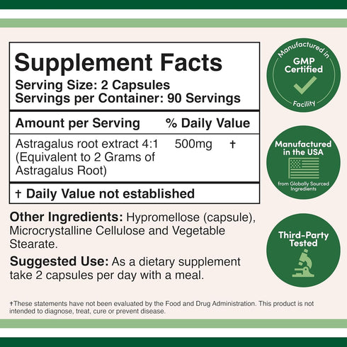 Double Wood Supplements Immune Boosting Astragalus 500mg 180 Capsules - Rich in Flavonoids and Polysaccharides - Non-GMO, Gluten Free, Third Party...