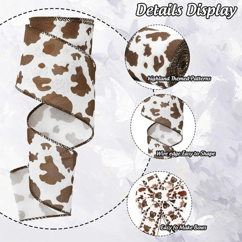 Highland Cow Wired Edge Ribbon Cow Print Craft Ribbon White Brown Fabric Ribbon for Wreath Bow Making DIY Crafts Wrapping Party Decor Supplies, 2 ...