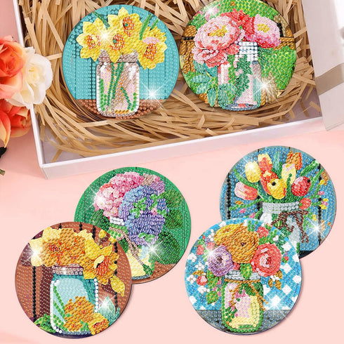 8 PCS Diamond Art Coasters-Flower Diamond Painting Coasters Kits with Holder,DIY Flowers Diamond Art Coasters Kit for Beginners Adults Art Craft S...