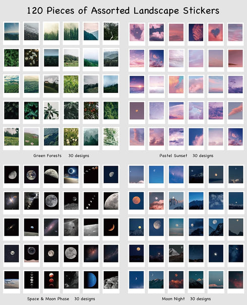 Landscape Nature Stickers Set (120 Pieces), Aesthetic Mountain Forest Sky Cloud Galaxy Space Moon Phase Sunset Natural Scenery Collage Pictures fo...
