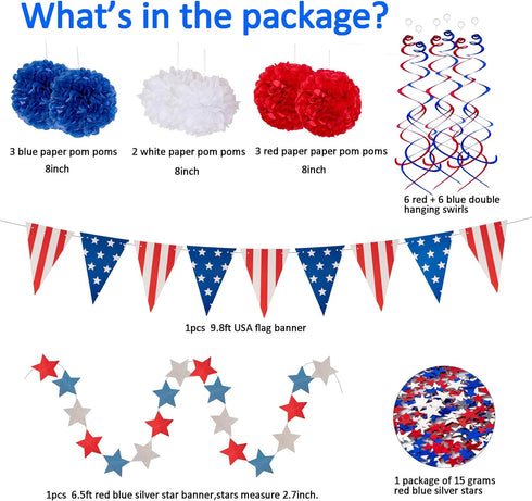 29PCS 4th/Fourth of July Patriotic Decorations Set - Red White Blue Paper Fans,USA Flag Pennant,Star Streamer,Pom Poms,Hanging Swirls Party Decor ...